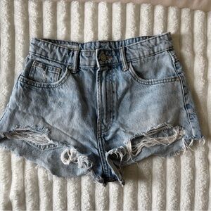 Zara Light Blue Distressed High-Rise Denim Shorts
